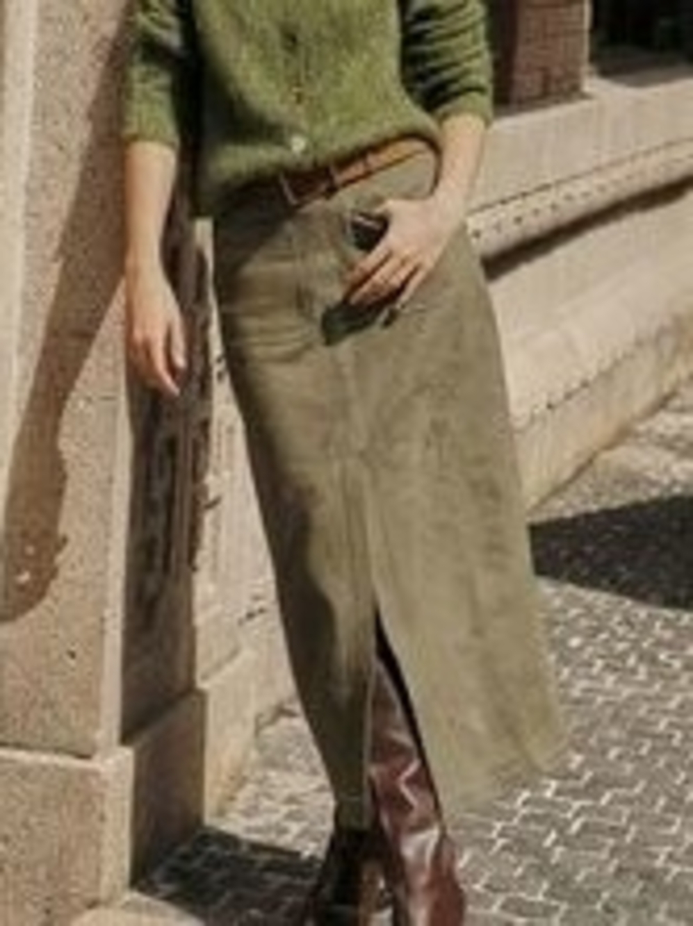 Petite Studio Debbie Suede Pencil Skirt in Khaki Green